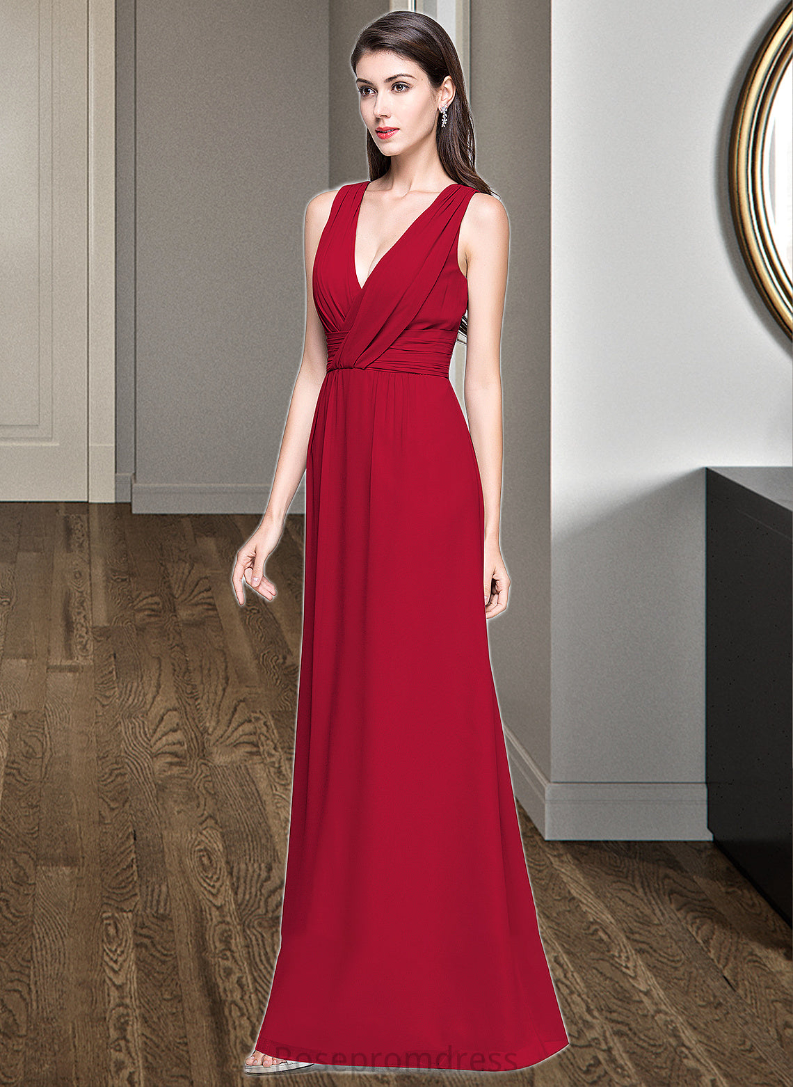 Amira A-line V-Neck Floor-Length Chiffon Bridesmaid Dress With Ruffle SRSP0013240