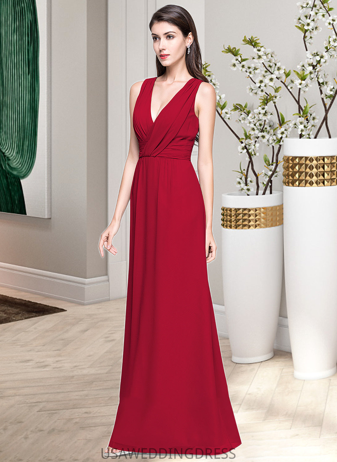 Camila A-line V-Neck Floor-Length Chiffon Bridesmaid Dress With Ruffle DSP0013240