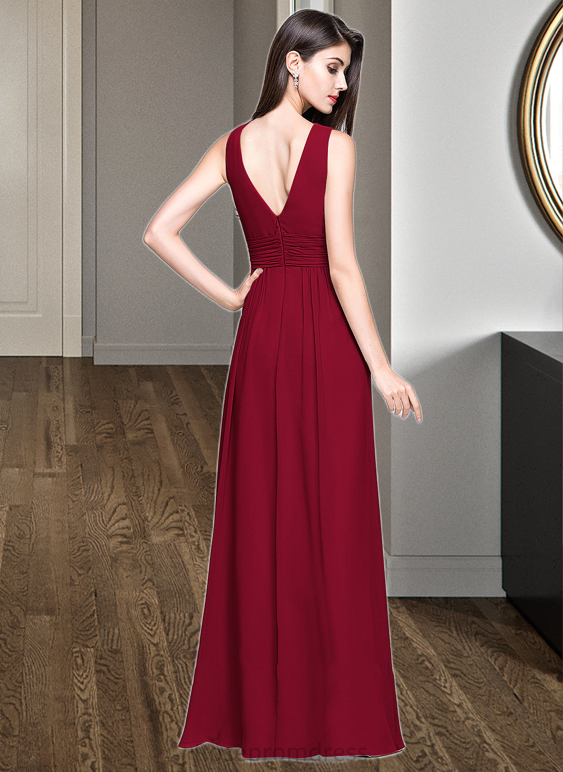 Amira A-line V-Neck Floor-Length Chiffon Bridesmaid Dress With Ruffle SRSP0013240