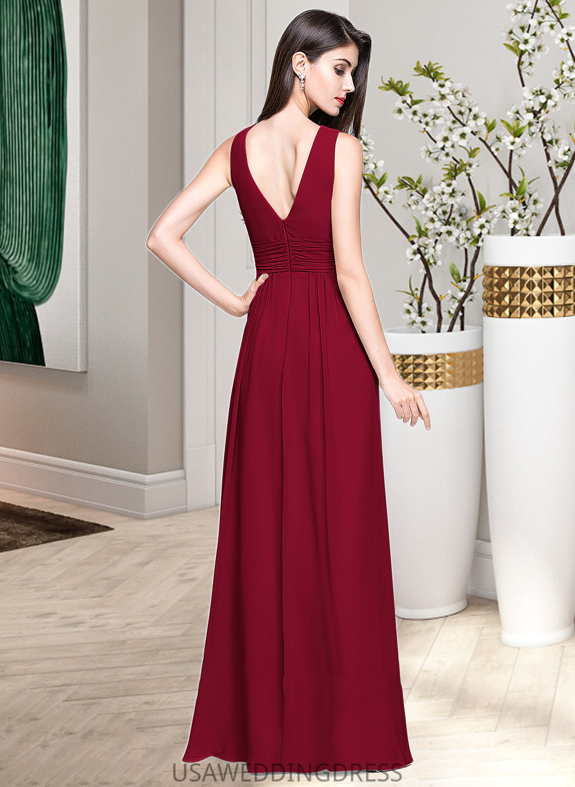 Camila A-line V-Neck Floor-Length Chiffon Bridesmaid Dress With Ruffle DSP0013240