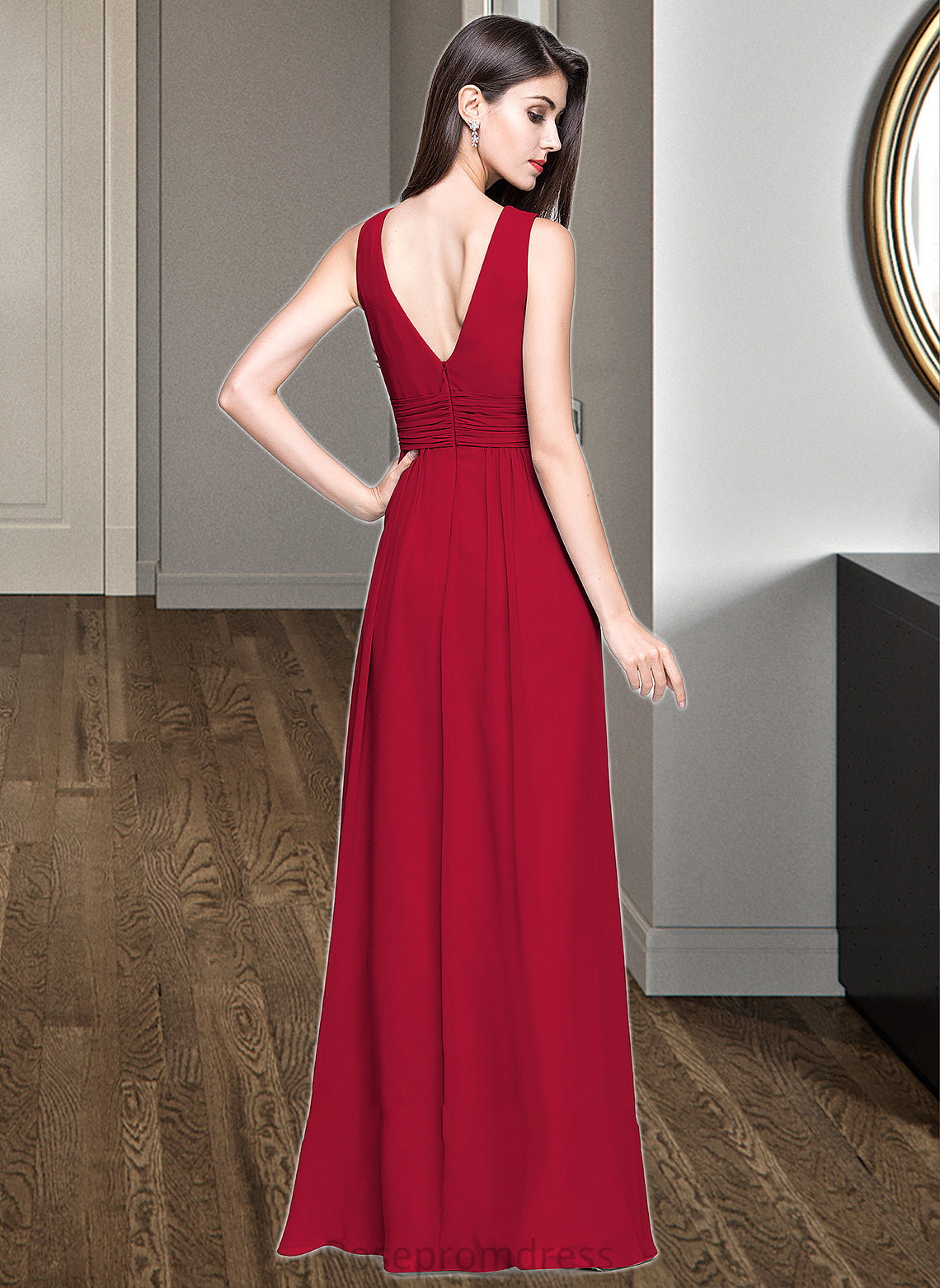 Amira A-line V-Neck Floor-Length Chiffon Bridesmaid Dress With Ruffle SRSP0013240