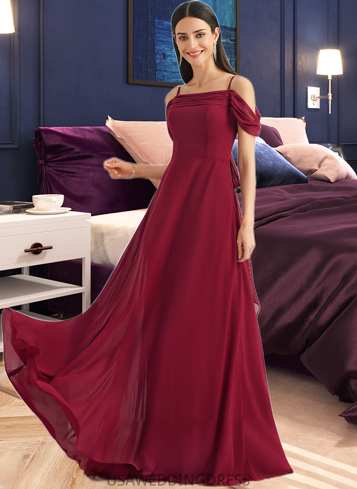 Briley A-Line Square Neckline Floor-Length Bridesmaid Dress With Bow(s) DSP0013242