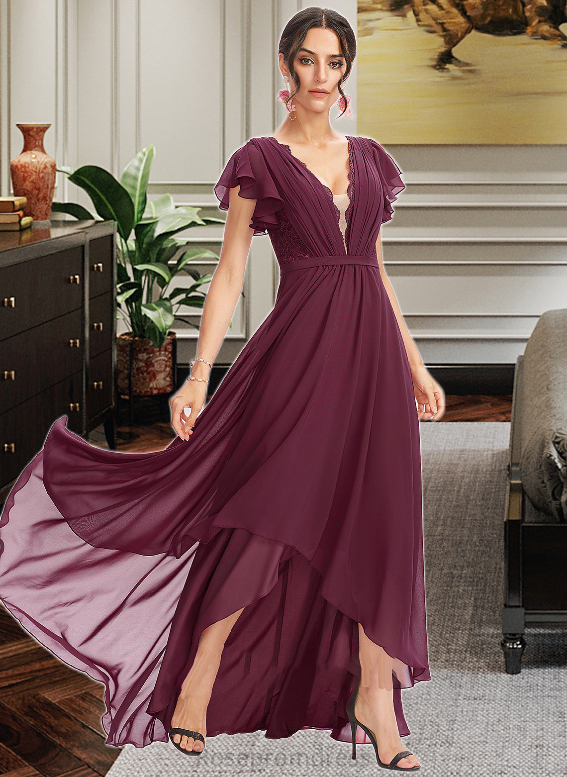 Kennedy A-Line V-neck Asymmetrical Bridesmaid Dress With Lace Cascading Ruffles SRSP0013243