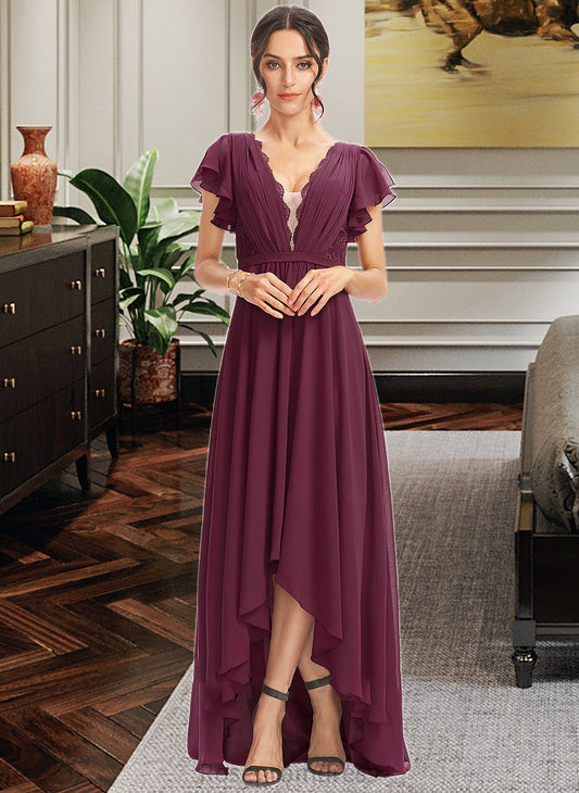 Kennedy A-Line V-neck Asymmetrical Bridesmaid Dress With Lace Cascading Ruffles SRSP0013243