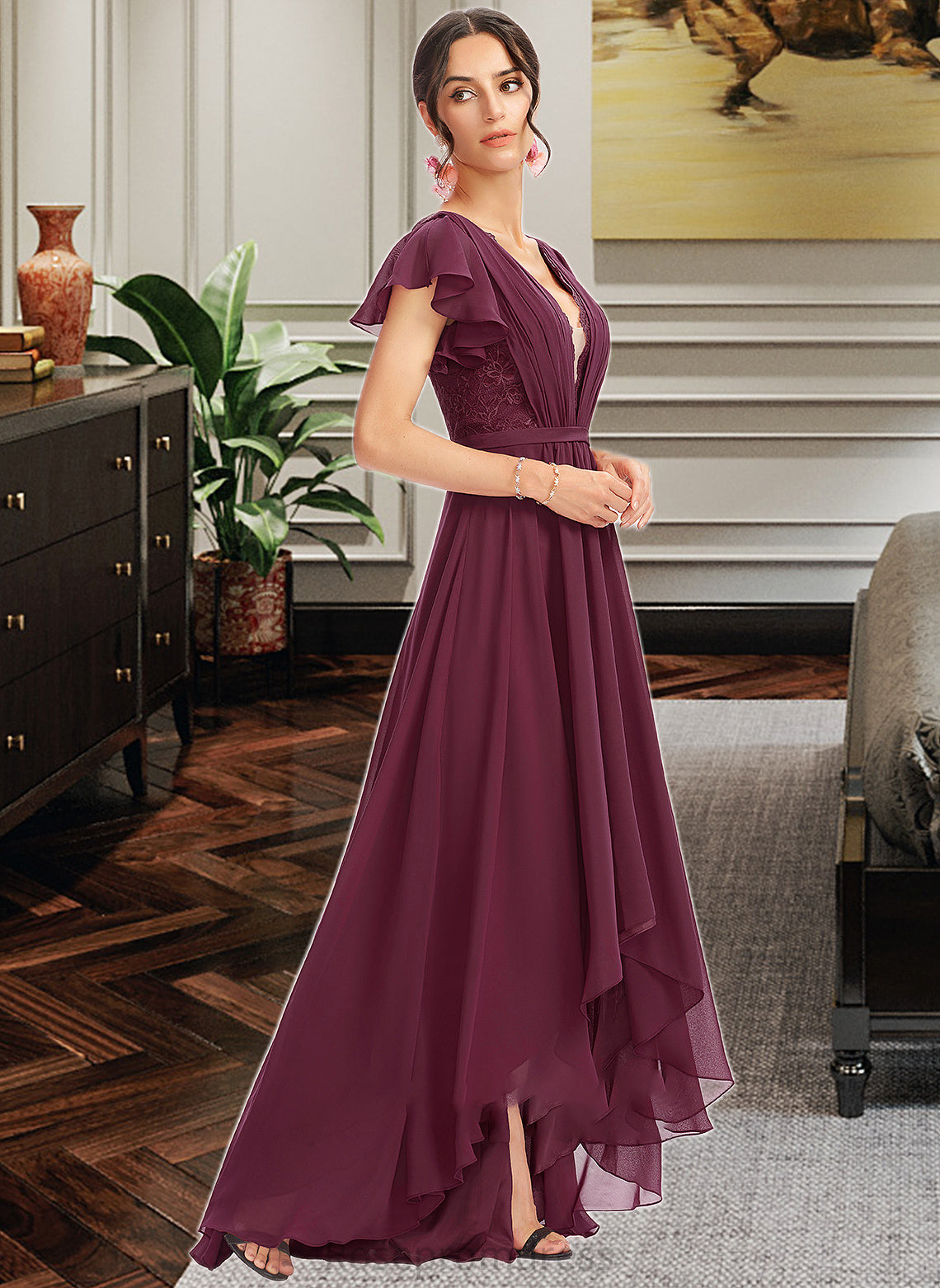Kennedy A-Line V-neck Asymmetrical Bridesmaid Dress With Lace Cascading Ruffles SRSP0013243