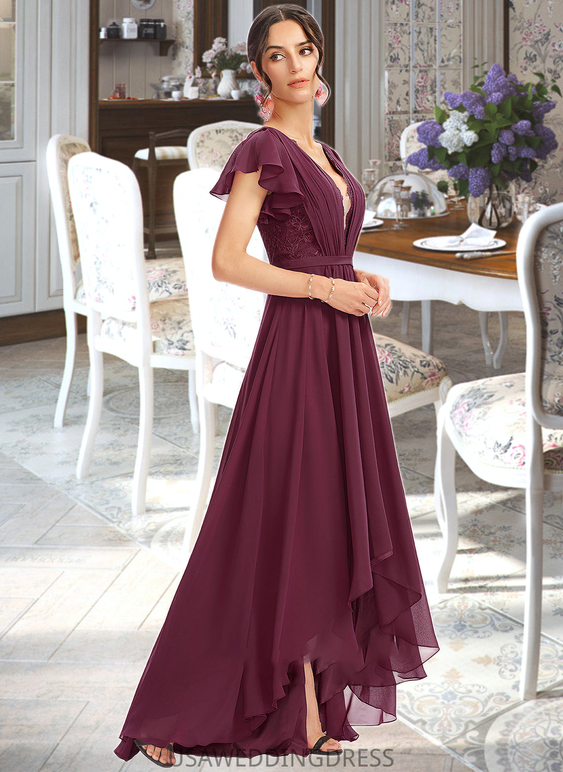 Mya A-Line V-neck Asymmetrical Bridesmaid Dress With Lace Cascading Ruffles DSP0013243