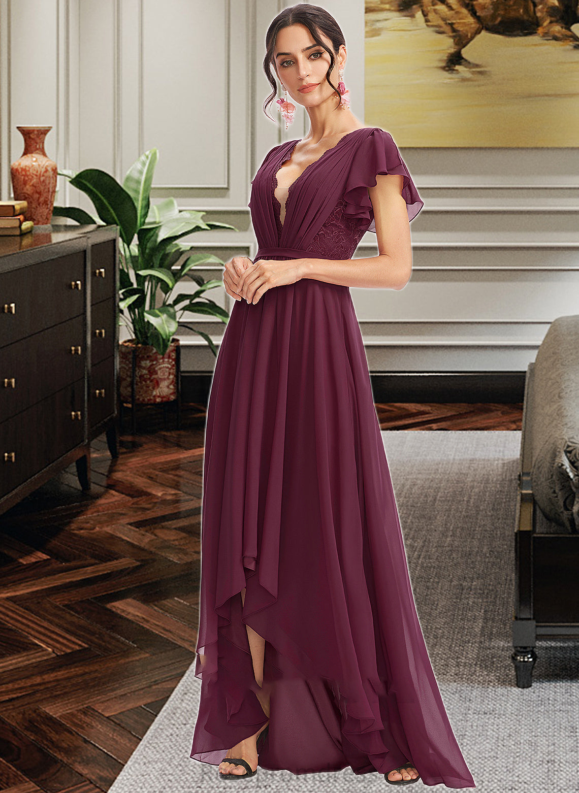 Kennedy A-Line V-neck Asymmetrical Bridesmaid Dress With Lace Cascading Ruffles SRSP0013243