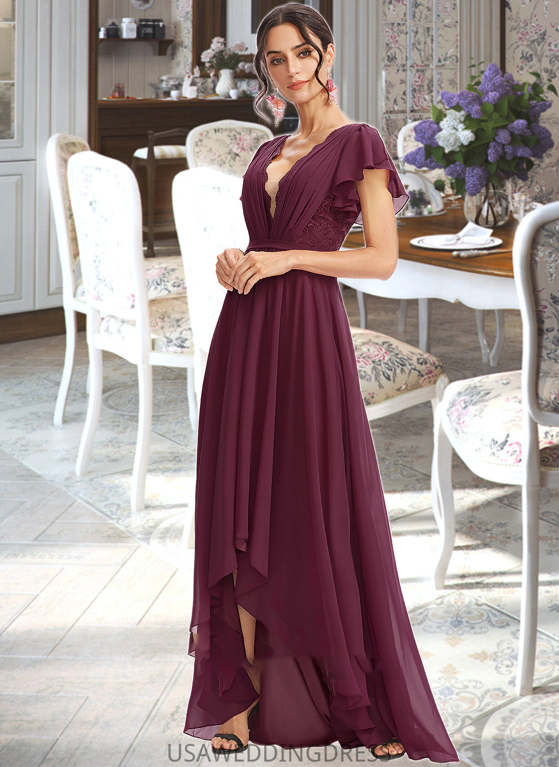 Mya A-Line V-neck Asymmetrical Bridesmaid Dress With Lace Cascading Ruffles DSP0013243