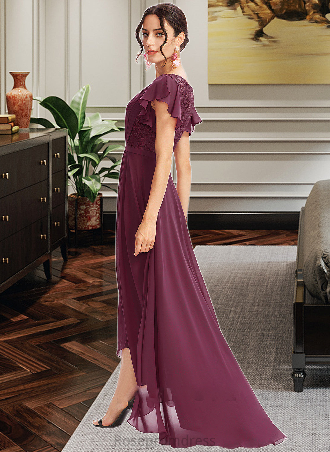 Kennedy A-Line V-neck Asymmetrical Bridesmaid Dress With Lace Cascading Ruffles SRSP0013243