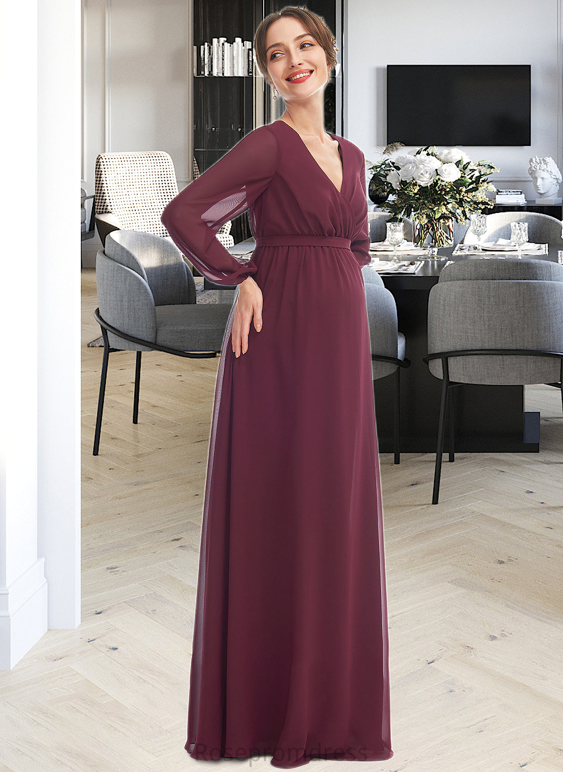 Susie A-Line V-neck Floor-Length Bridesmaid Dress With Split Front SRSP0013244