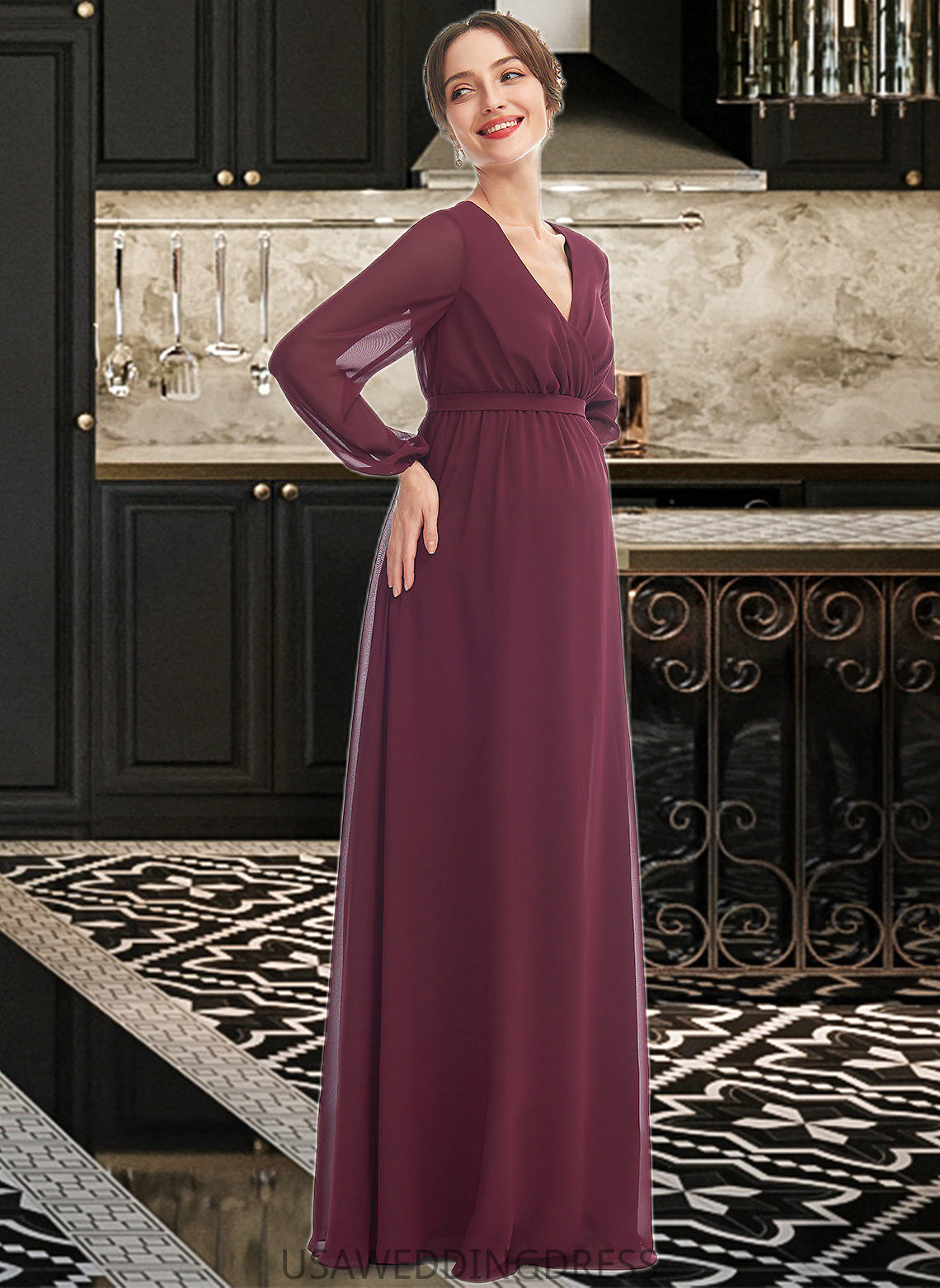 Gretchen A-Line V-neck Floor-Length Bridesmaid Dress With Split Front DSP0013244