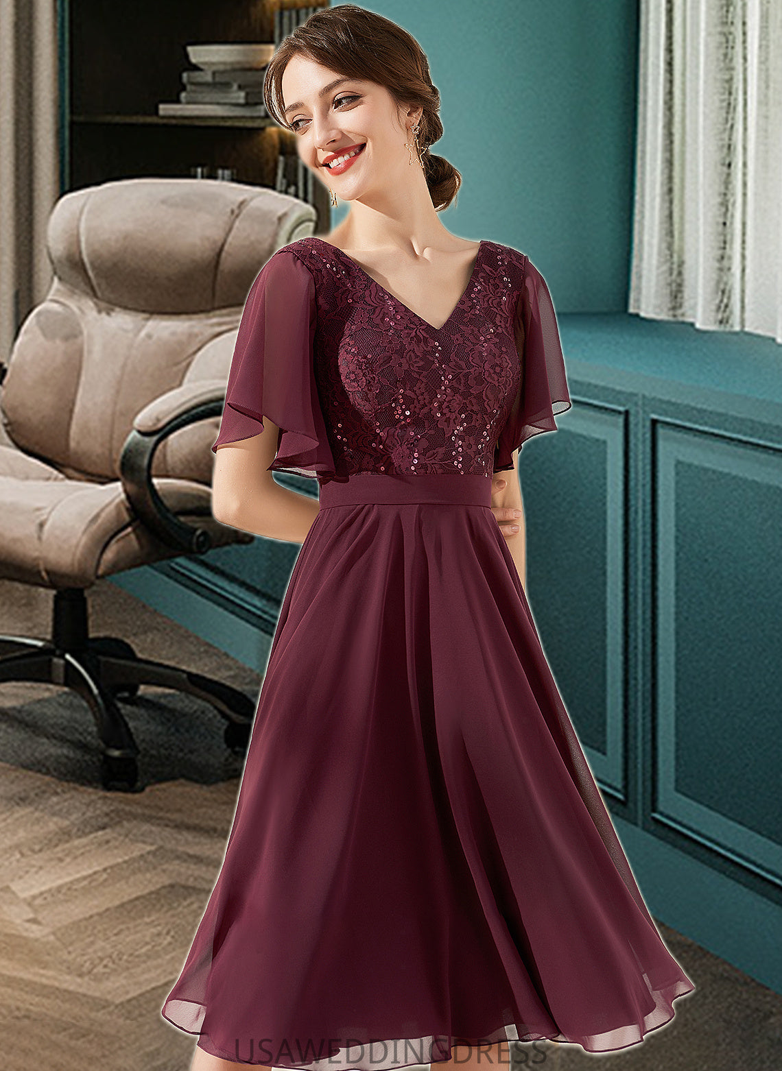 Frederica A-Line V-neck Knee-Length Chiffon Lace Bridesmaid Dress With Sequins DSP0013246