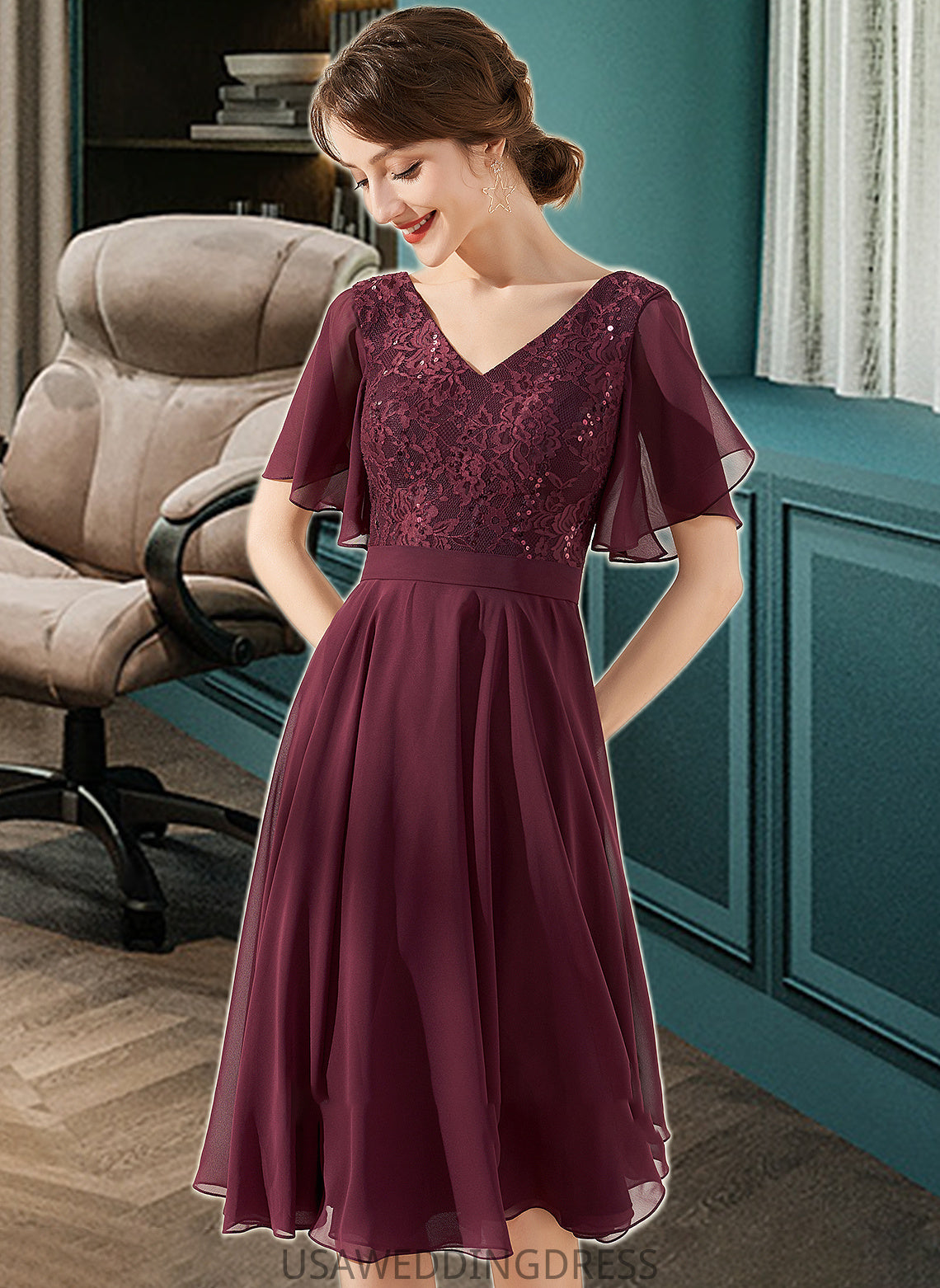 Frederica A-Line V-neck Knee-Length Chiffon Lace Bridesmaid Dress With Sequins DSP0013246