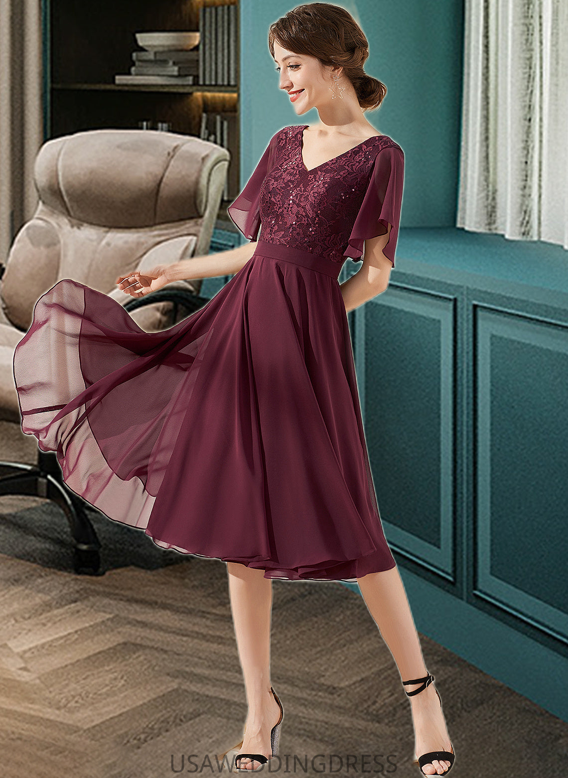 Frederica A-Line V-neck Knee-Length Chiffon Lace Bridesmaid Dress With Sequins DSP0013246