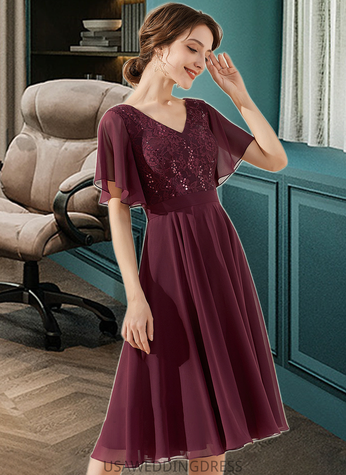 Frederica A-Line V-neck Knee-Length Chiffon Lace Bridesmaid Dress With Sequins DSP0013246