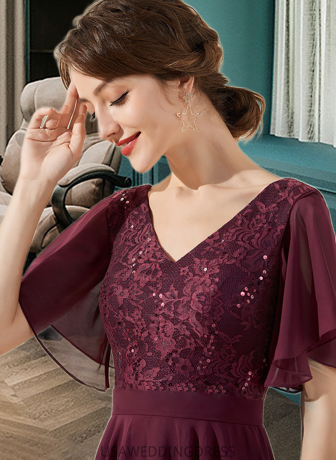 Frederica A-Line V-neck Knee-Length Chiffon Lace Bridesmaid Dress With Sequins DSP0013246