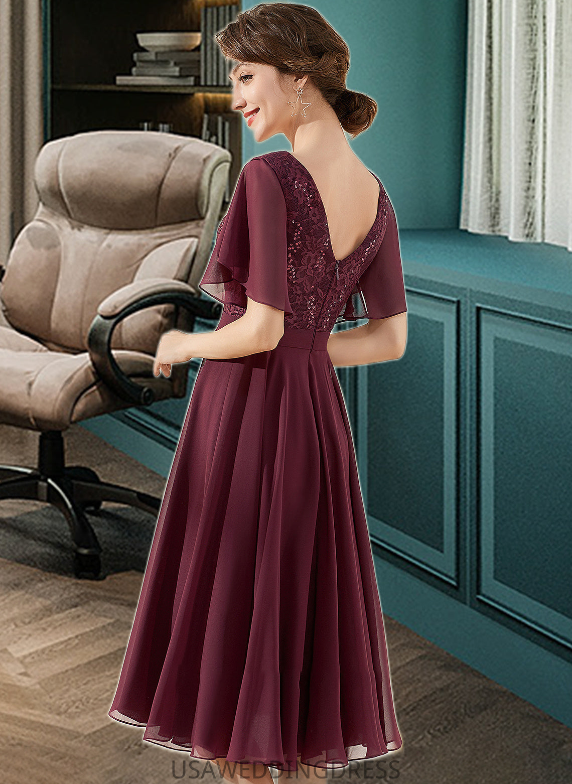 Frederica A-Line V-neck Knee-Length Chiffon Lace Bridesmaid Dress With Sequins DSP0013246