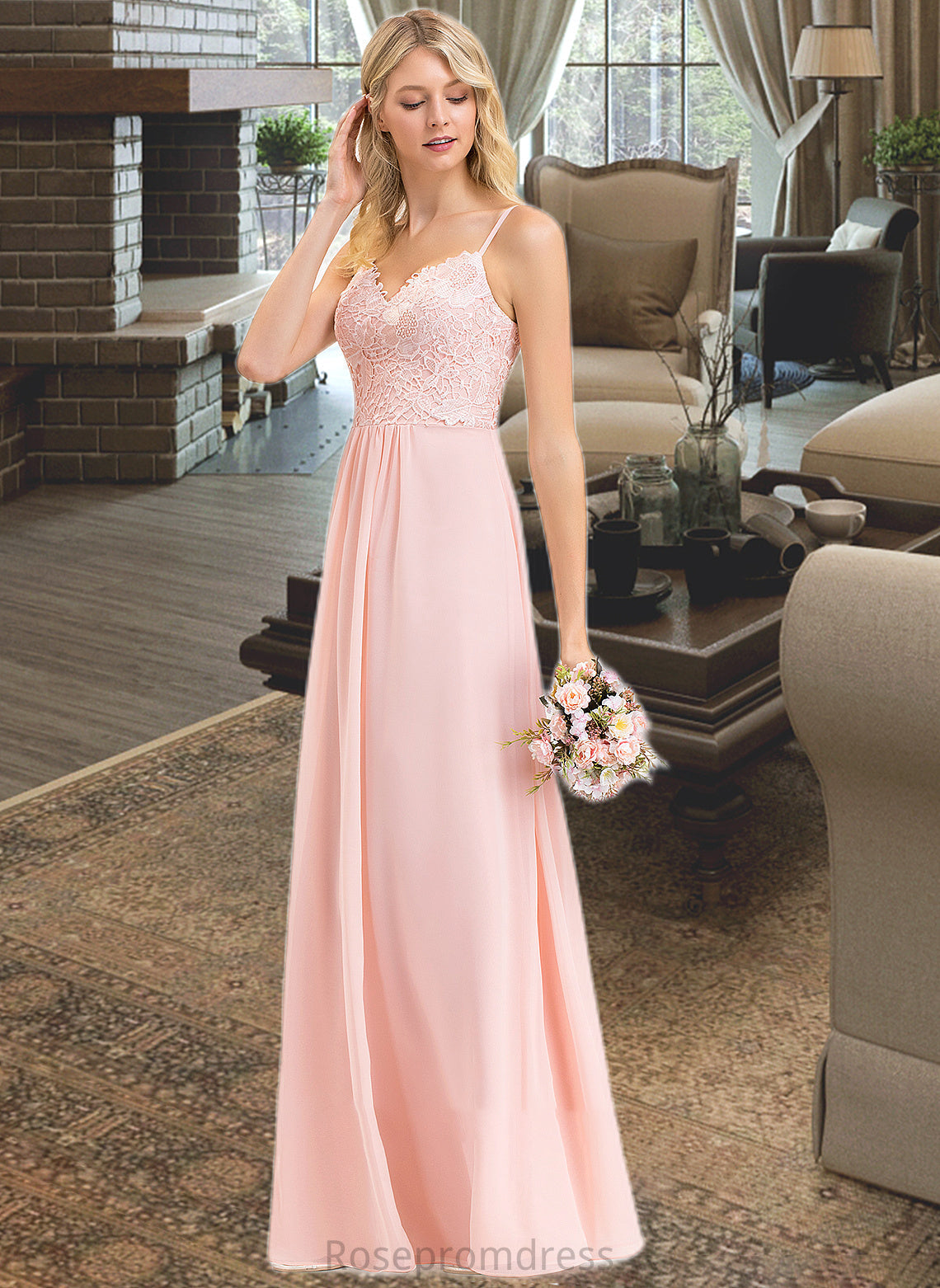Cherish A-Line Sweetheart Floor-Length Chiffon Lace Bridesmaid Dress SRSP0013248