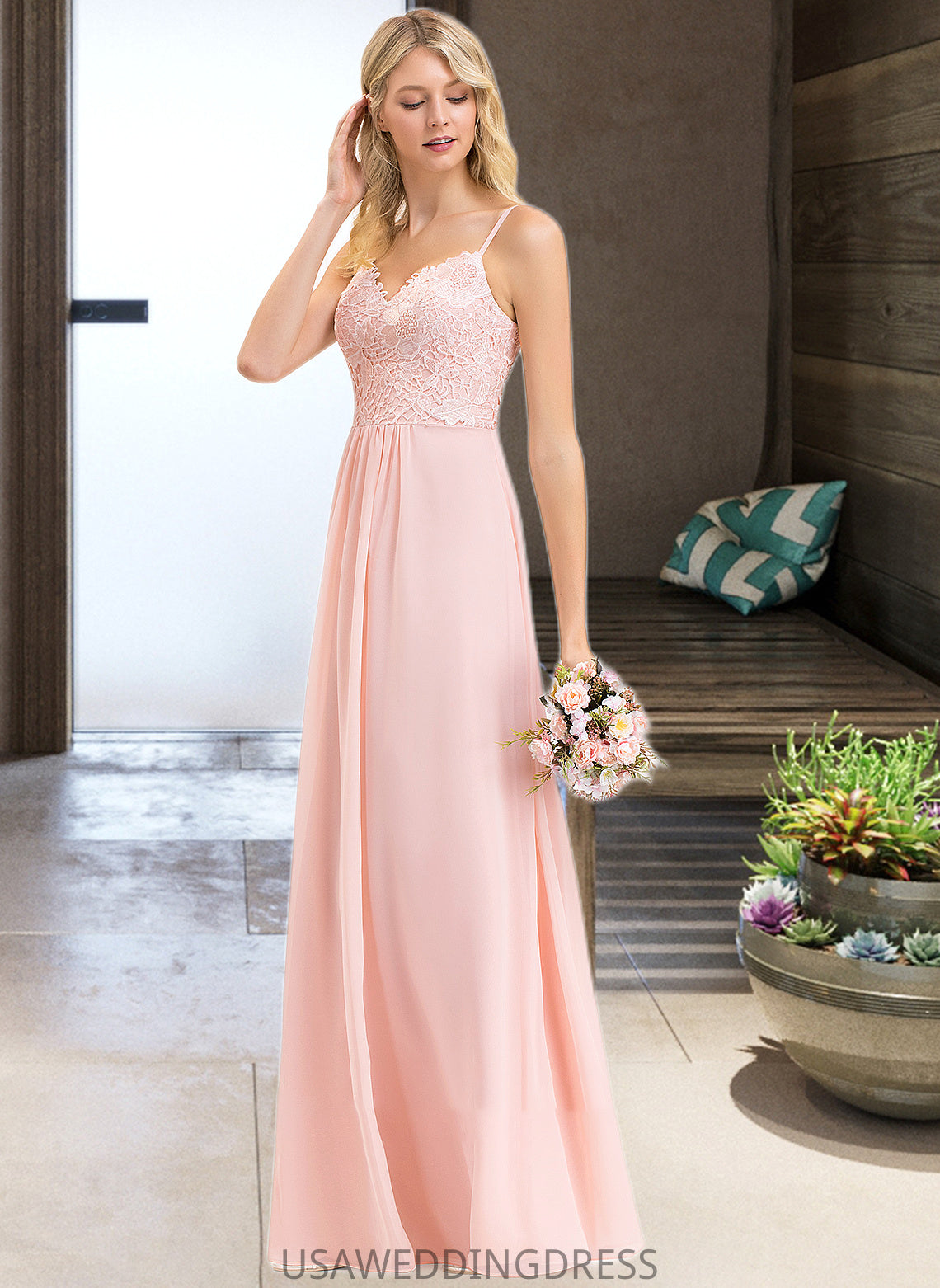 Gladys A-Line Sweetheart Floor-Length Chiffon Lace Bridesmaid Dress DSP0013248