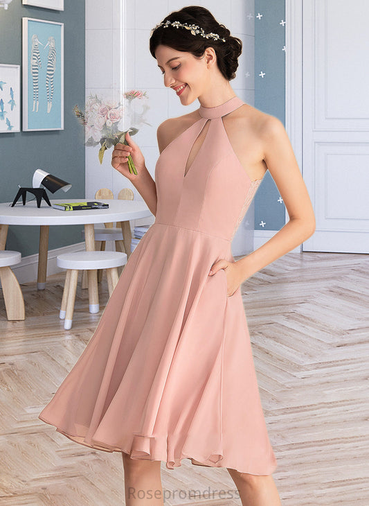 Chana A-Line Scoop Neck Knee-Length Chiffon Bridesmaid Dress With Lace Pockets SRSP0013249