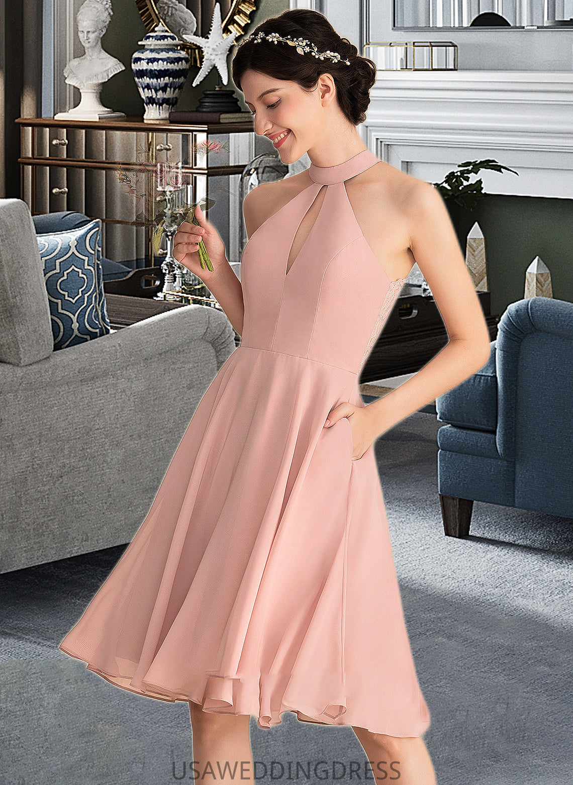 Barbara A-Line Scoop Neck Knee-Length Chiffon Bridesmaid Dress With Lace Pockets DSP0013249