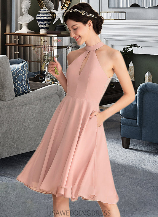 Barbara A-Line Scoop Neck Knee-Length Chiffon Bridesmaid Dress With Lace Pockets DSP0013249