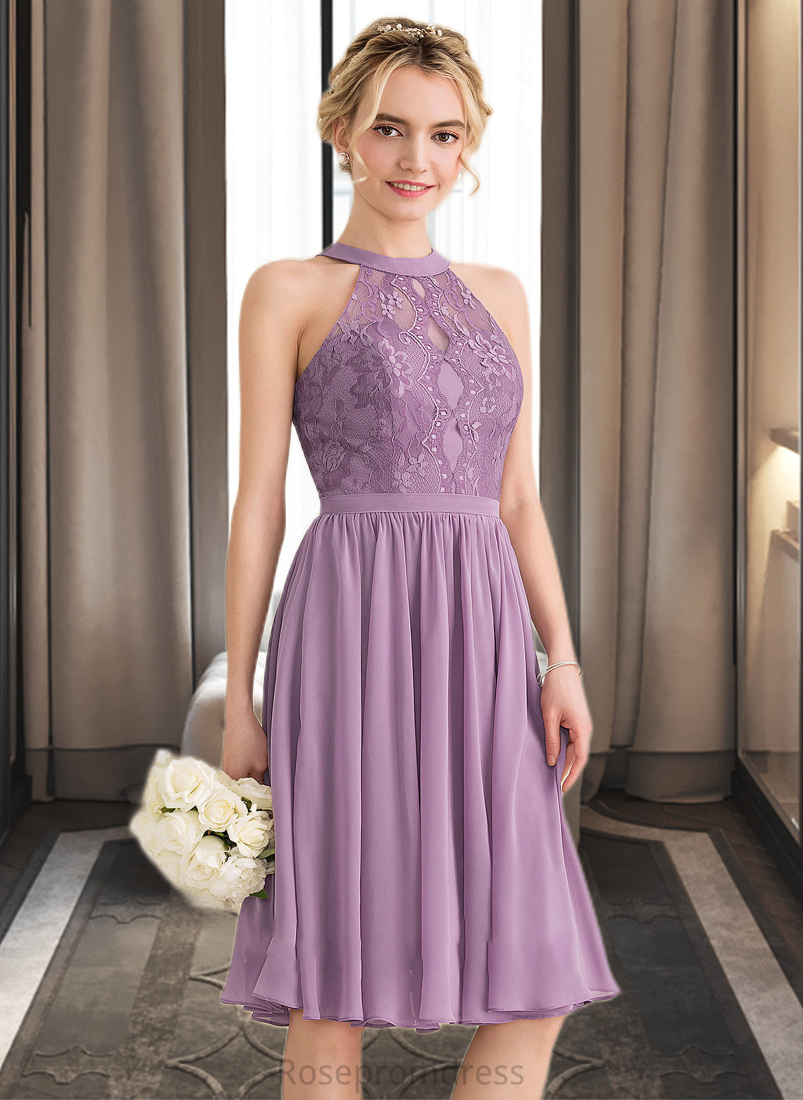 London A-Line Scoop Neck Knee-Length Chiffon Lace Bridesmaid Dress SRSP0013250