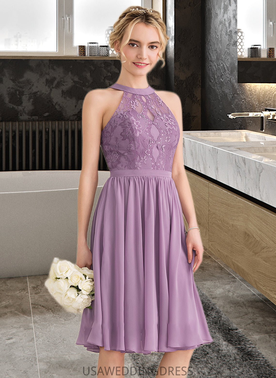 Haylee A-Line Scoop Neck Knee-Length Chiffon Lace Bridesmaid Dress DSP0013250