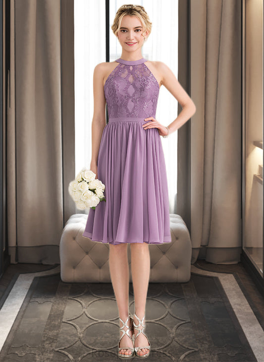London A-Line Scoop Neck Knee-Length Chiffon Lace Bridesmaid Dress SRSP0013250