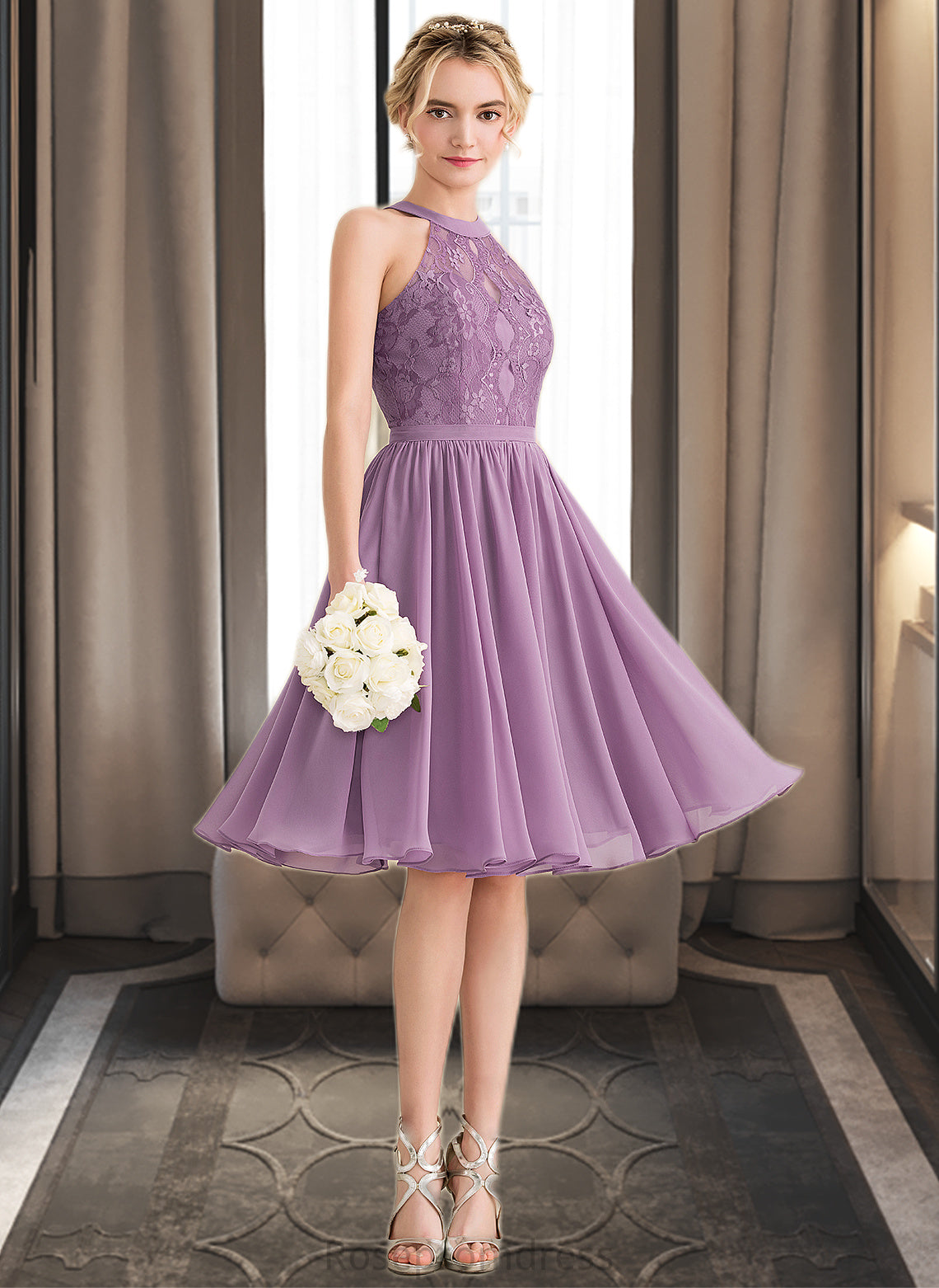 London A-Line Scoop Neck Knee-Length Chiffon Lace Bridesmaid Dress SRSP0013250