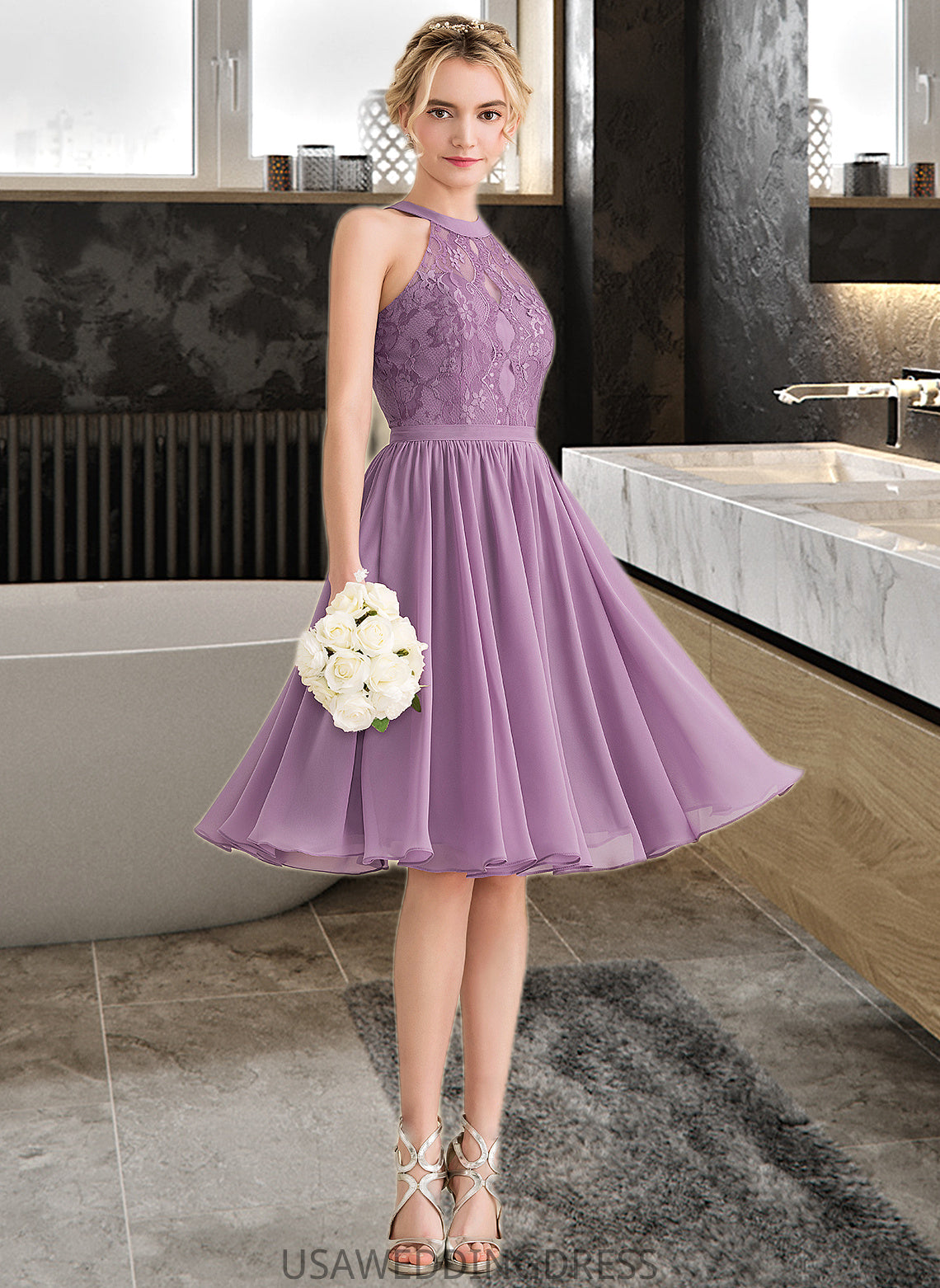 Haylee A-Line Scoop Neck Knee-Length Chiffon Lace Bridesmaid Dress DSP0013250