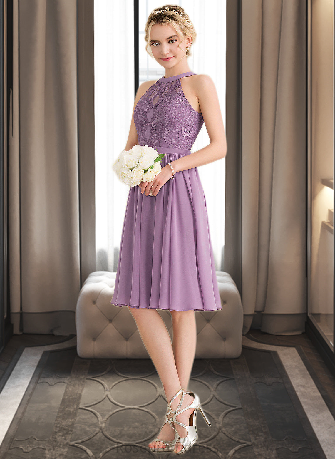 London A-Line Scoop Neck Knee-Length Chiffon Lace Bridesmaid Dress SRSP0013250
