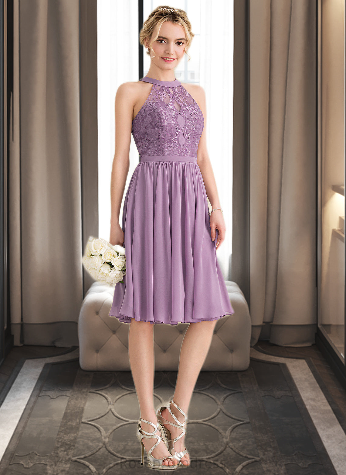 London A-Line Scoop Neck Knee-Length Chiffon Lace Bridesmaid Dress SRSP0013250