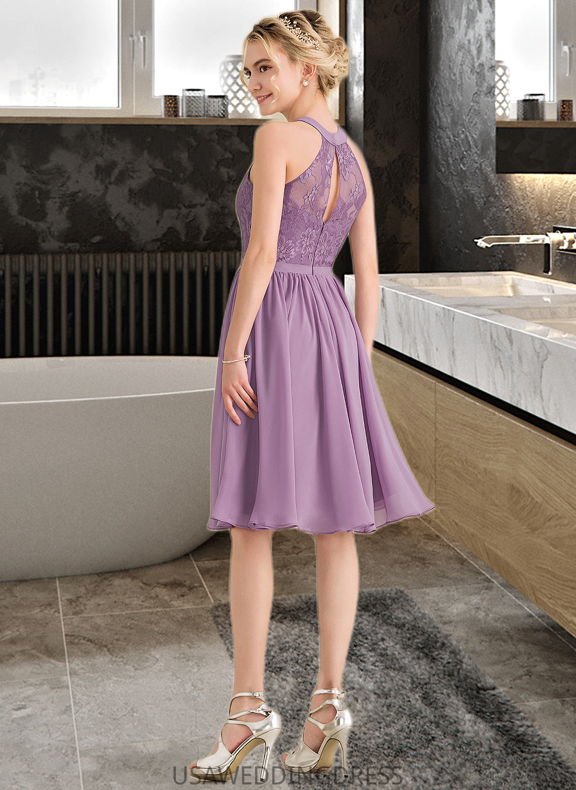 Haylee A-Line Scoop Neck Knee-Length Chiffon Lace Bridesmaid Dress DSP0013250