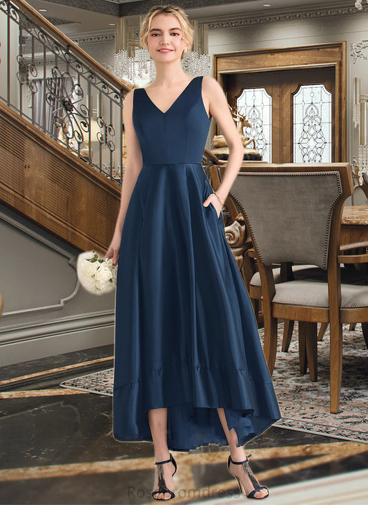 Robin Ball-Gown/Princess V-neck Asymmetrical Satin Bridesmaid Dress With Pockets SRSP0013251