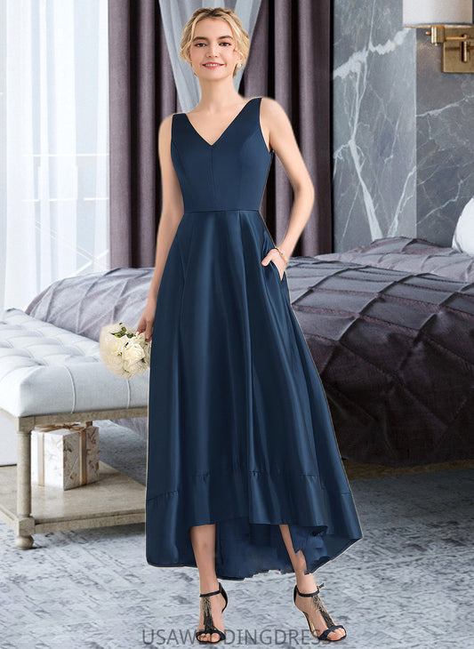 Lizbeth Ball-Gown/Princess V-neck Asymmetrical Satin Bridesmaid Dress With Pockets DSP0013251