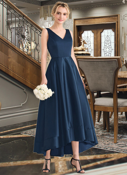 Robin Ball-Gown/Princess V-neck Asymmetrical Satin Bridesmaid Dress With Pockets SRSP0013251
