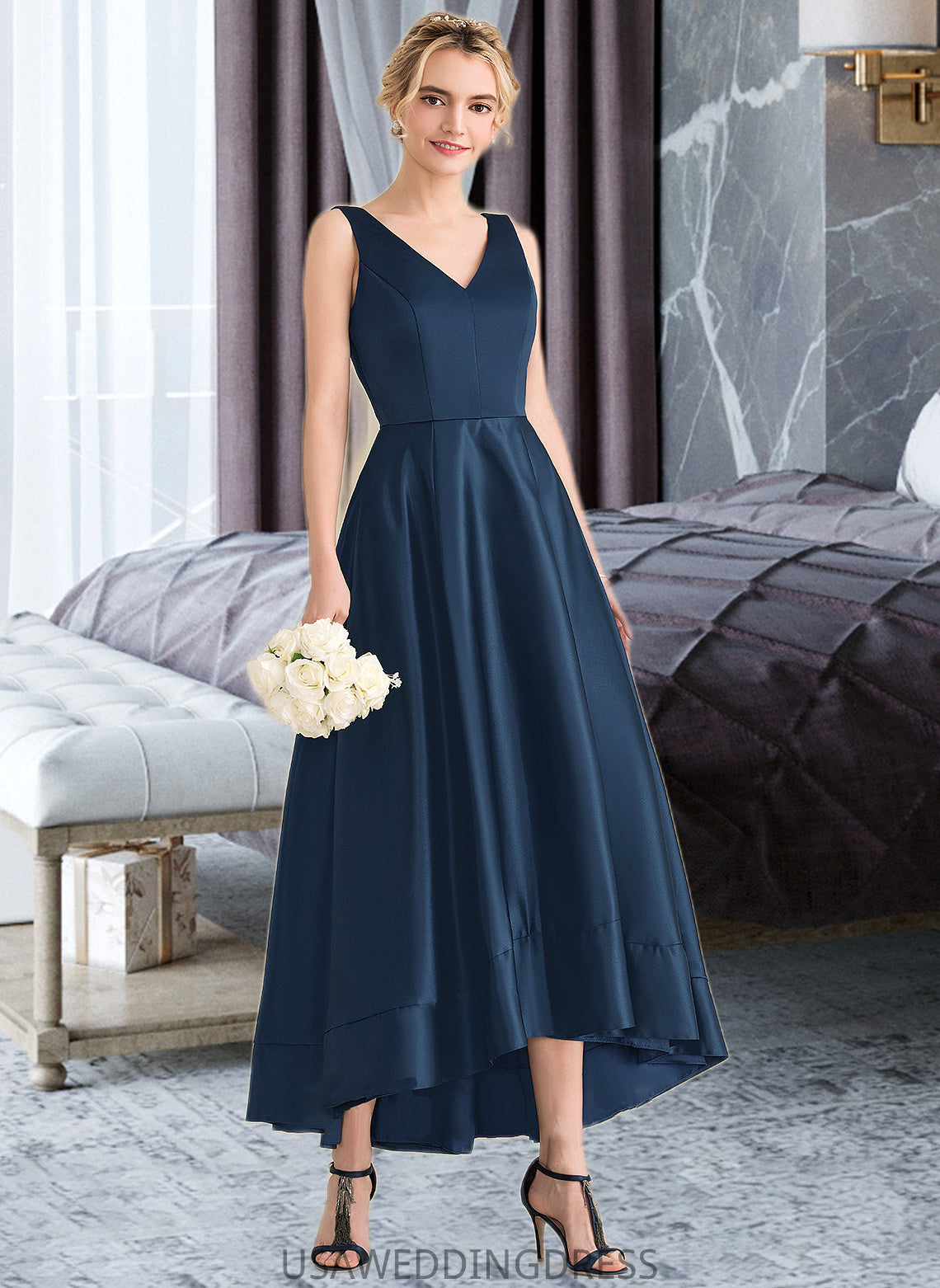 Lizbeth Ball-Gown/Princess V-neck Asymmetrical Satin Bridesmaid Dress With Pockets DSP0013251