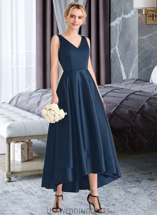 Lizbeth Ball-Gown/Princess V-neck Asymmetrical Satin Bridesmaid Dress With Pockets DSP0013251