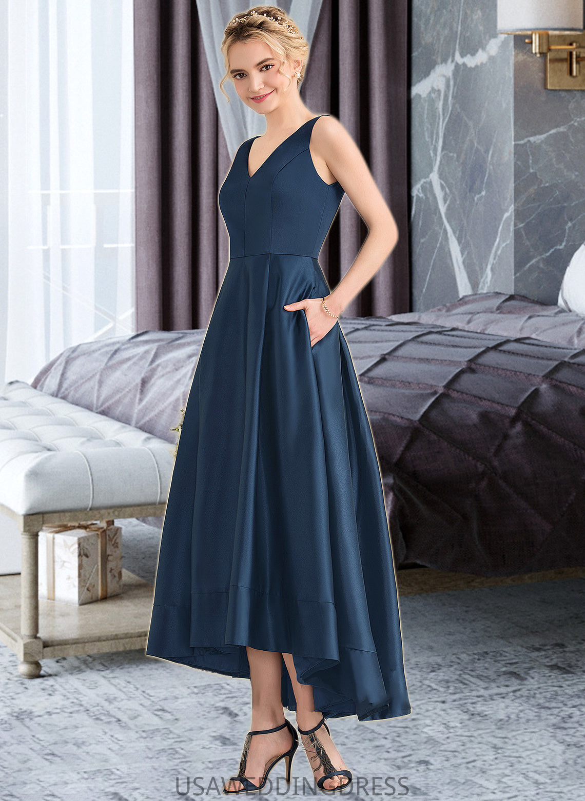 Lizbeth Ball-Gown/Princess V-neck Asymmetrical Satin Bridesmaid Dress With Pockets DSP0013251