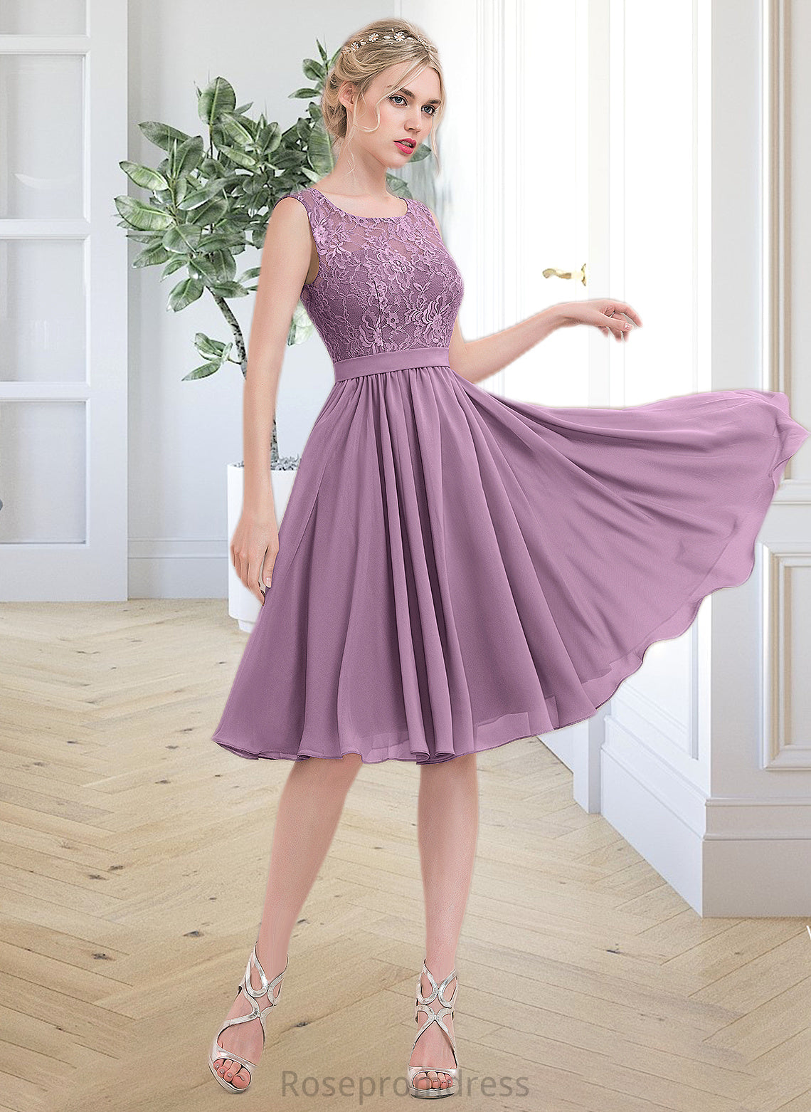 Aniyah A-Line Square Neckline Knee-Length Chiffon Lace Bridesmaid Dress SRSP0013252