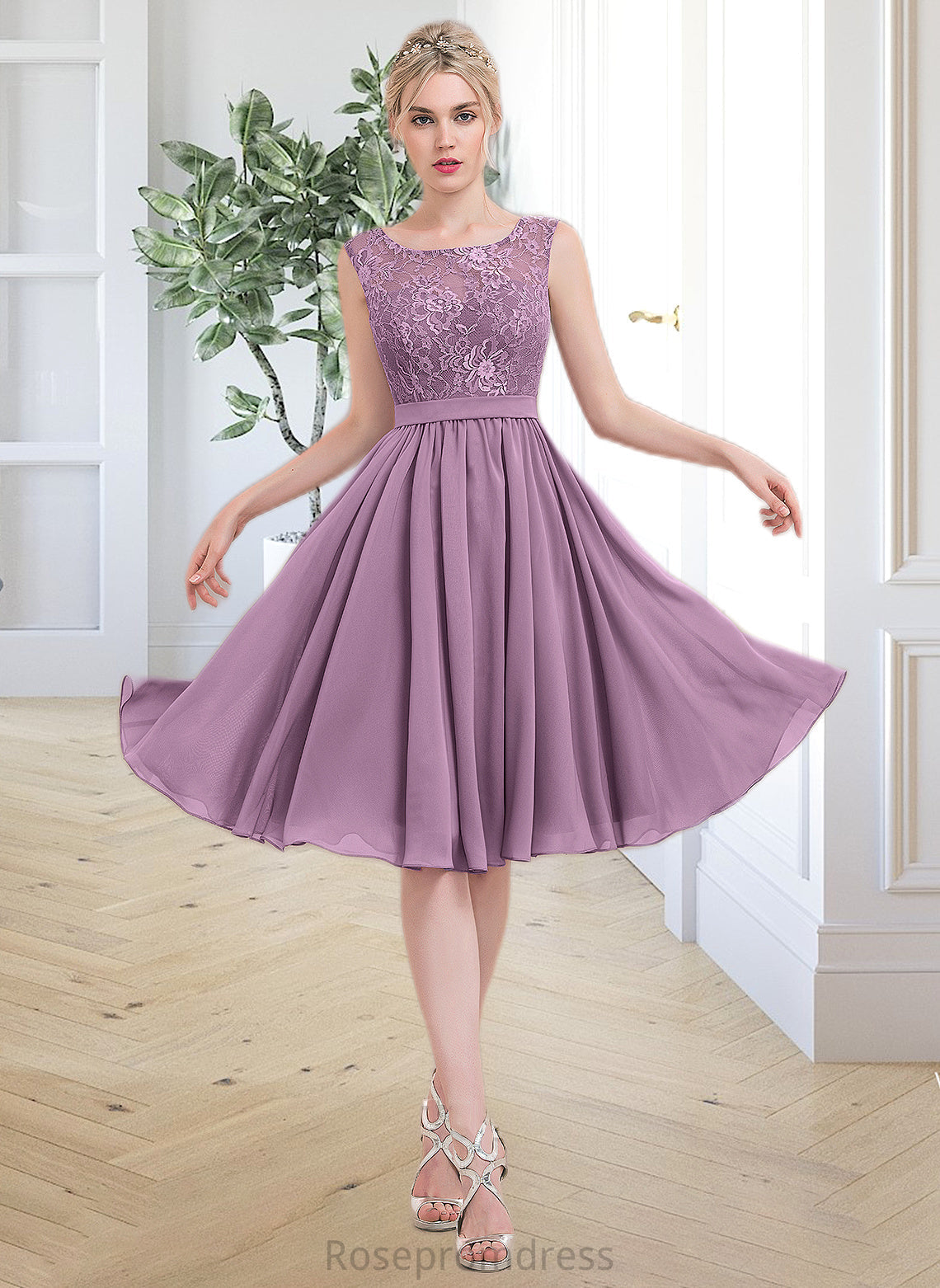 Aniyah A-Line Square Neckline Knee-Length Chiffon Lace Bridesmaid Dress SRSP0013252