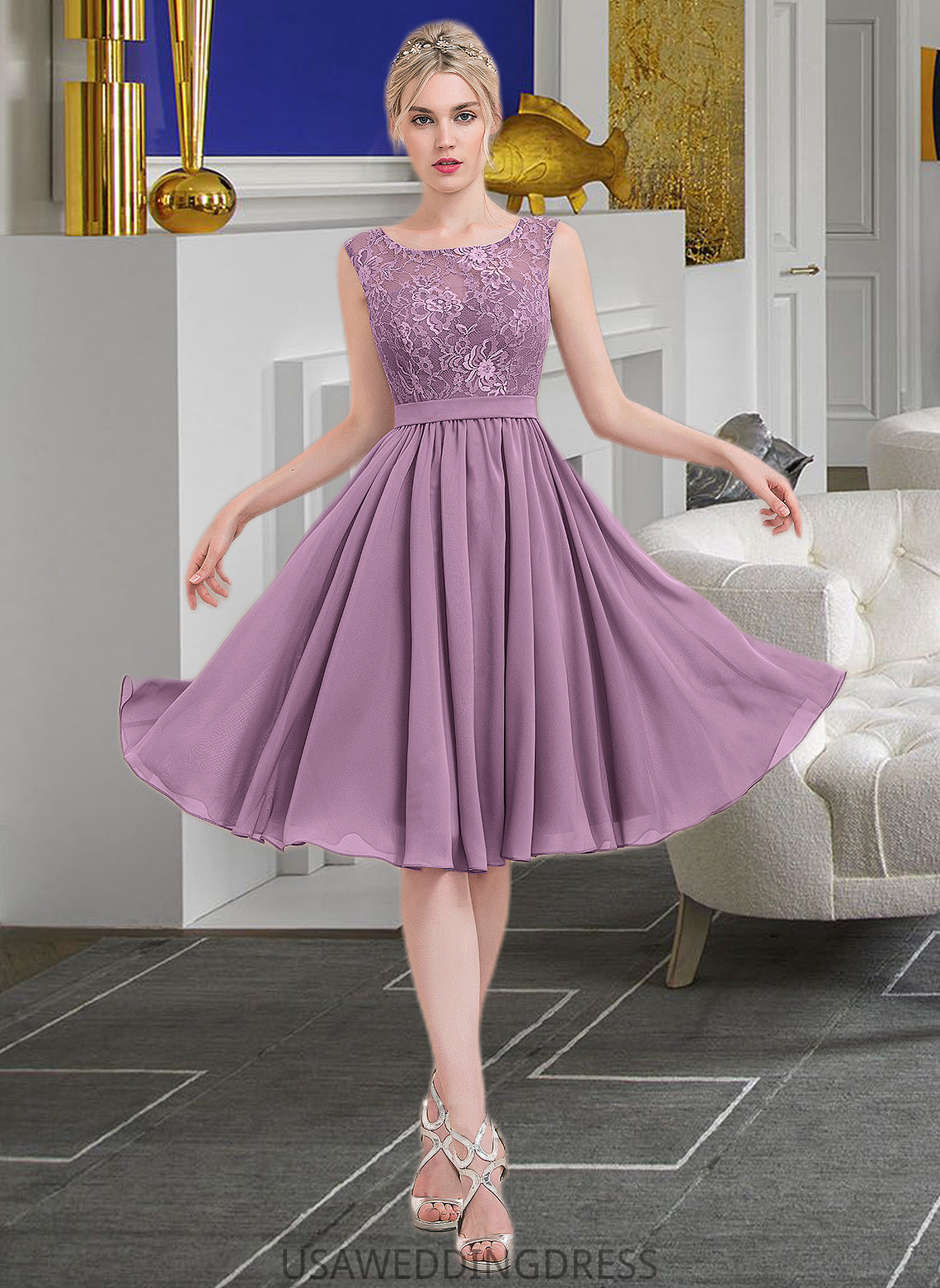 Erin A-Line Square Neckline Knee-Length Chiffon Lace Bridesmaid Dress DSP0013252