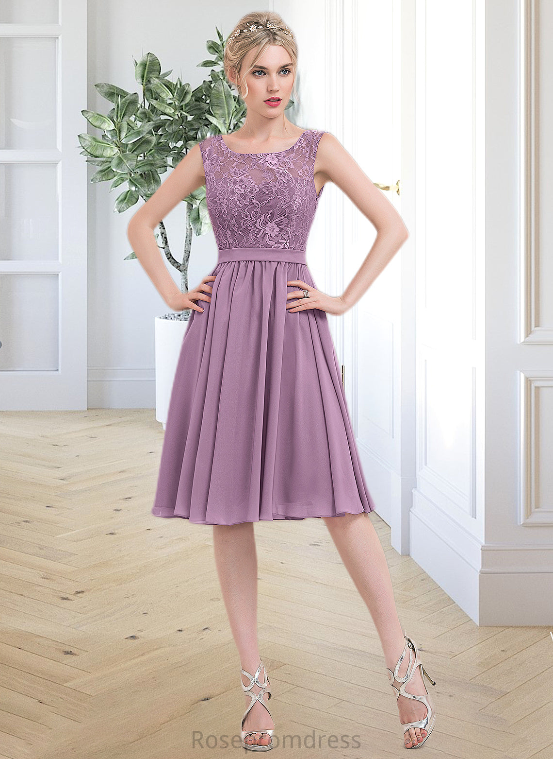 Aniyah A-Line Square Neckline Knee-Length Chiffon Lace Bridesmaid Dress SRSP0013252