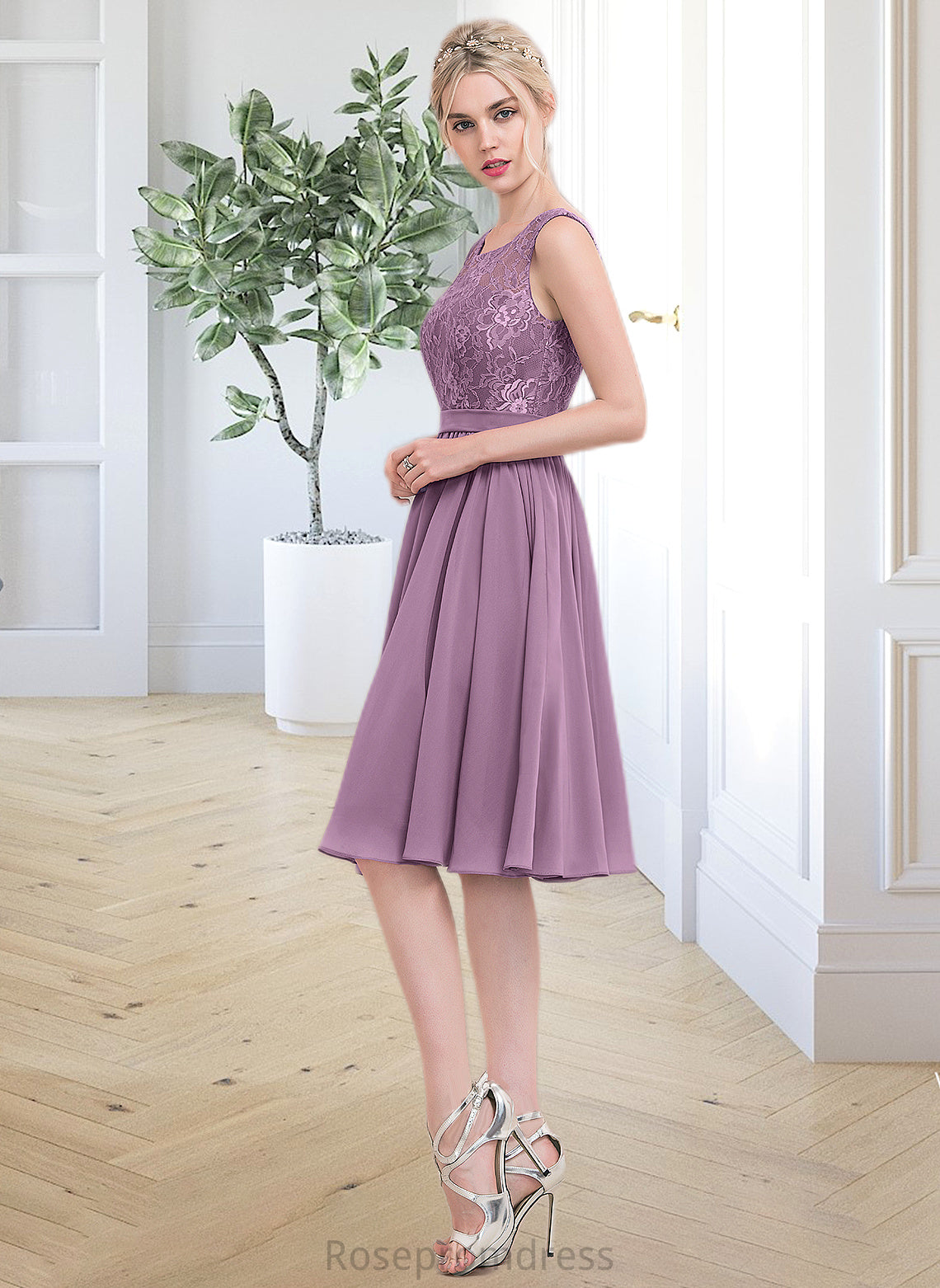Aniyah A-Line Square Neckline Knee-Length Chiffon Lace Bridesmaid Dress SRSP0013252