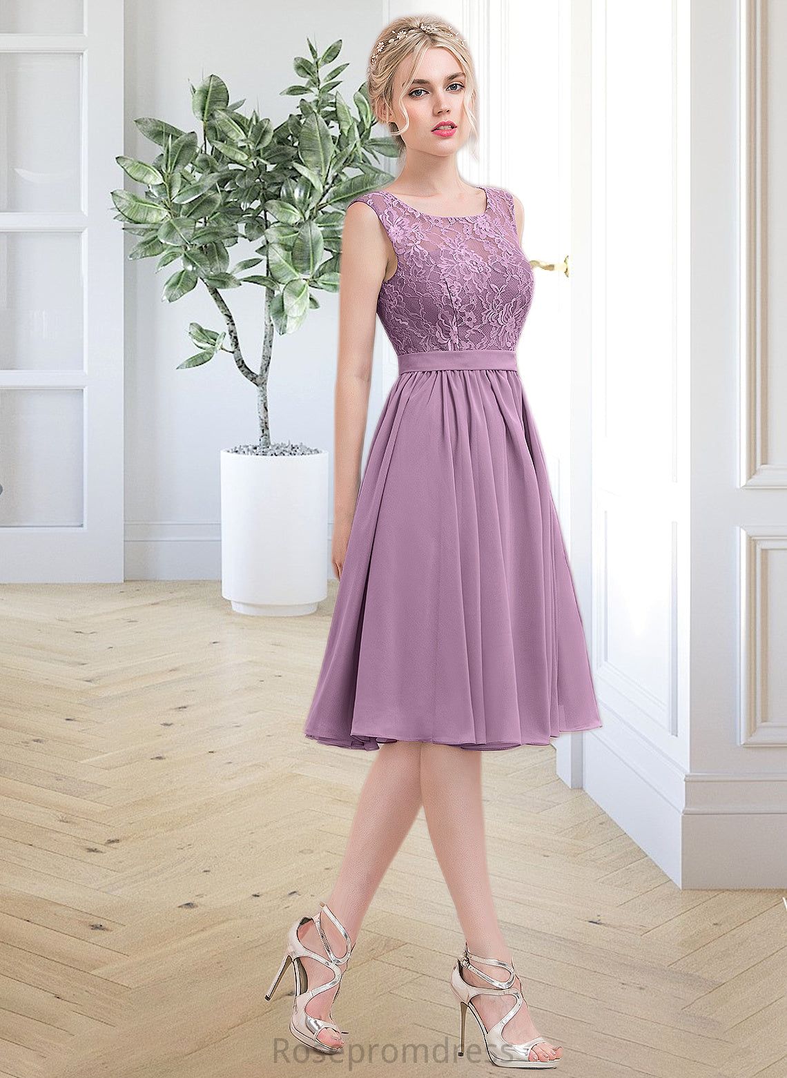 Aniyah A-Line Square Neckline Knee-Length Chiffon Lace Bridesmaid Dress SRSP0013252