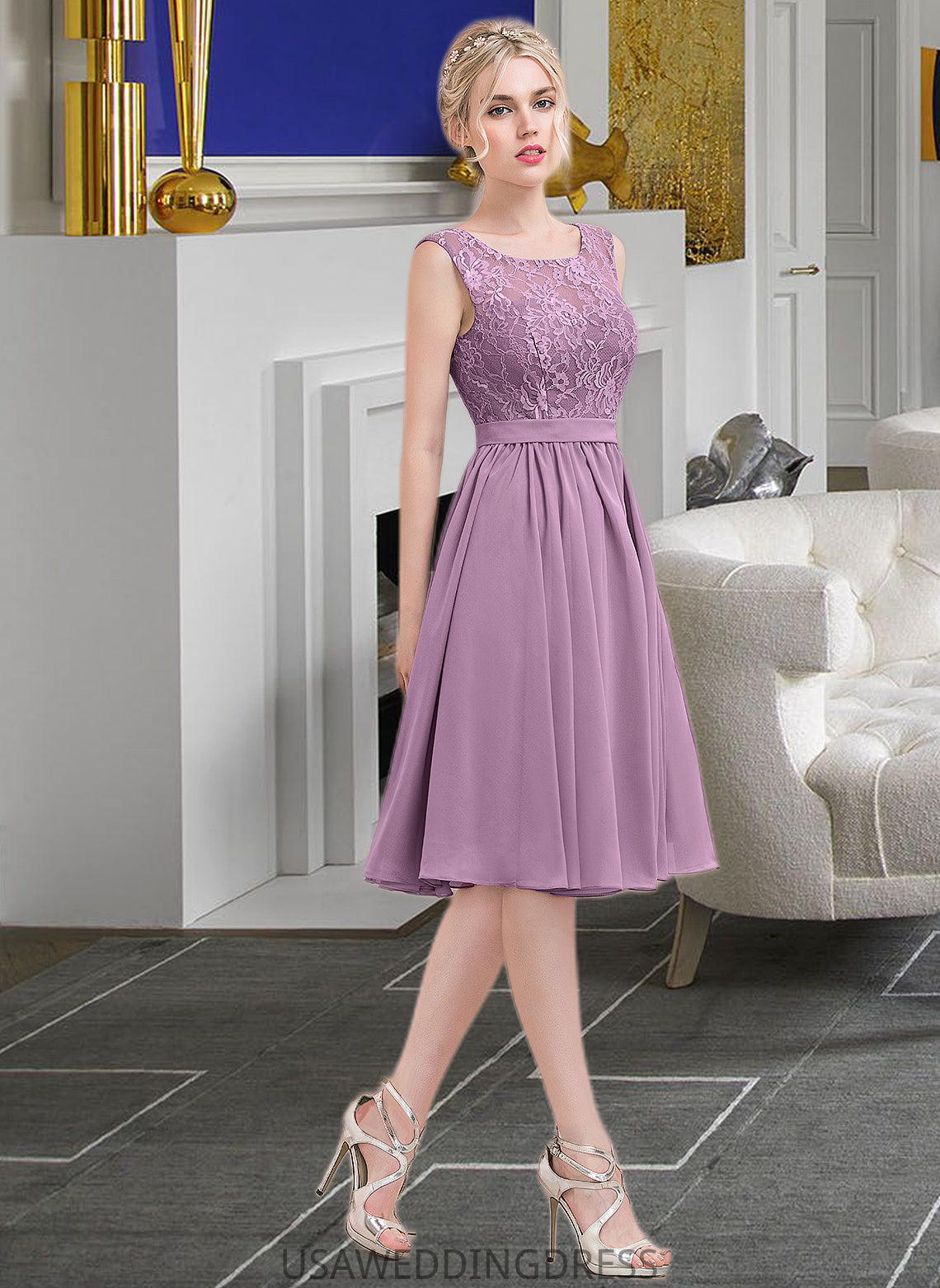 Erin A-Line Square Neckline Knee-Length Chiffon Lace Bridesmaid Dress DSP0013252