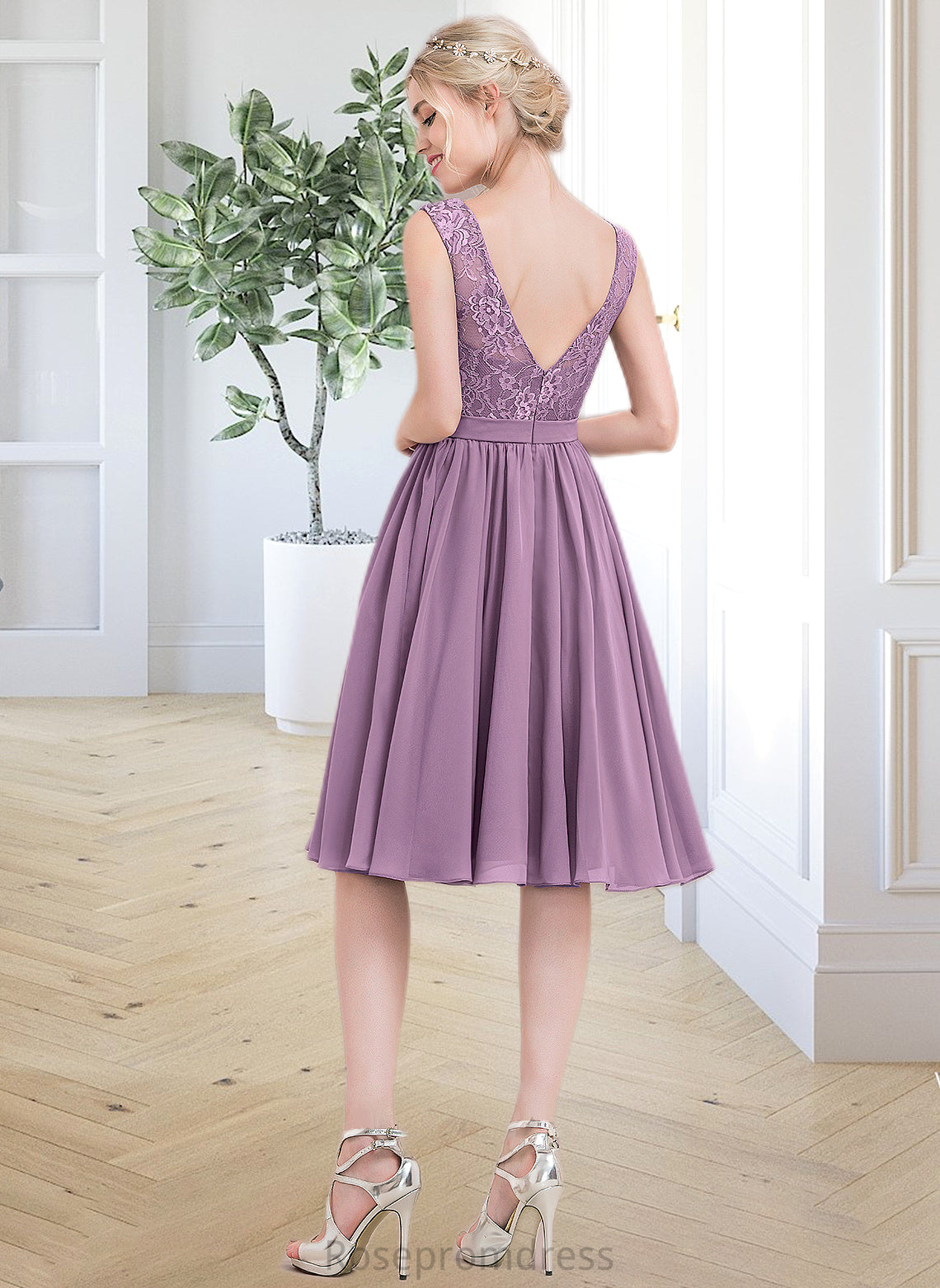 Aniyah A-Line Square Neckline Knee-Length Chiffon Lace Bridesmaid Dress SRSP0013252