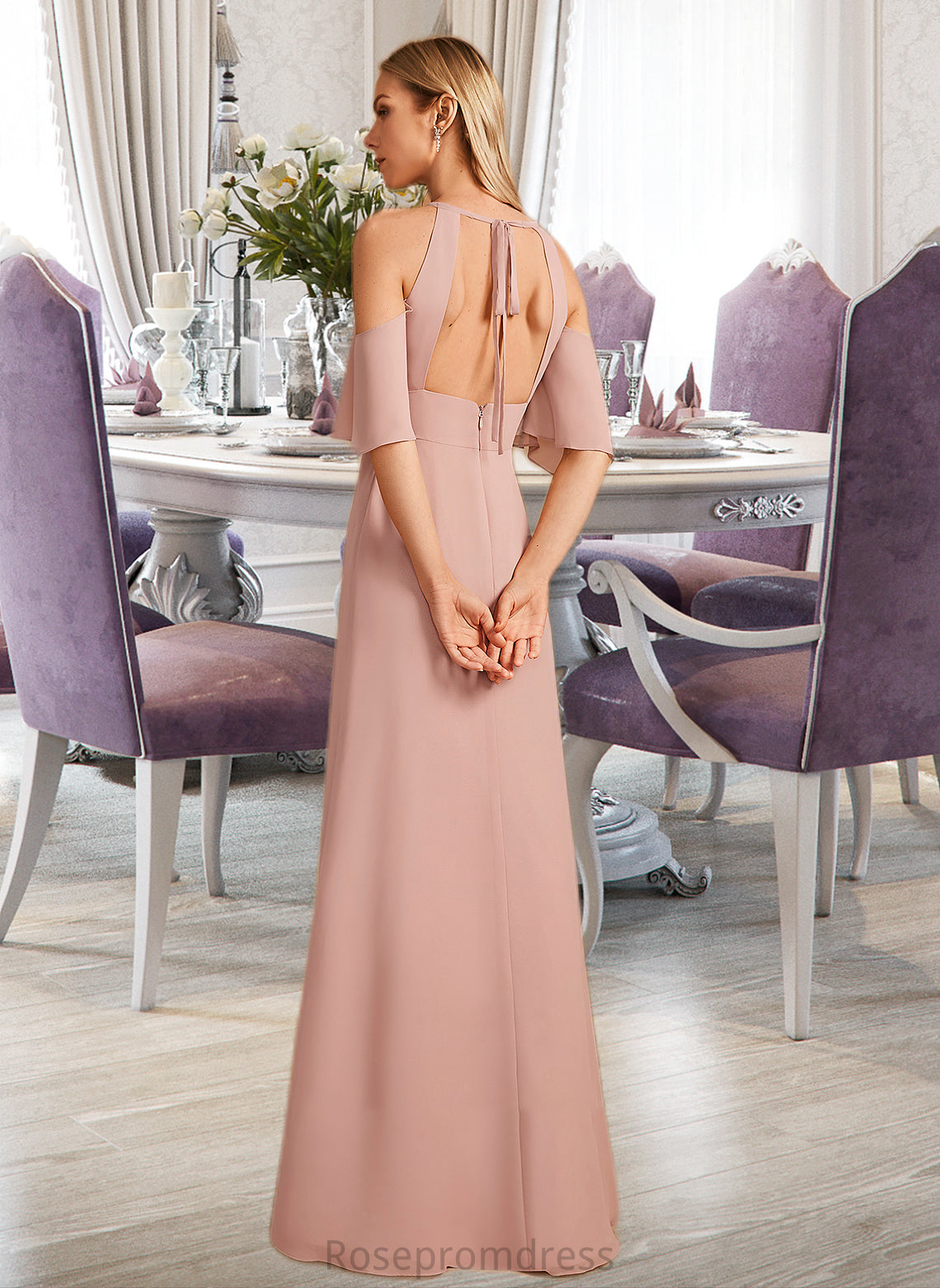 Adison Sheath/Column High Neck Floor-Length Bridesmaid Dress With Split Front SRSP0013254