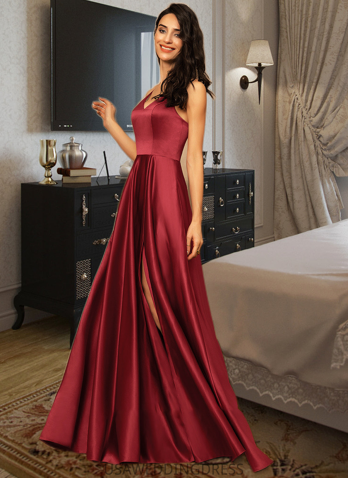 Shiloh A-LineV-neckFloor-LengthSatinBridesmaidDressWithPockets#251382 DSP0013256